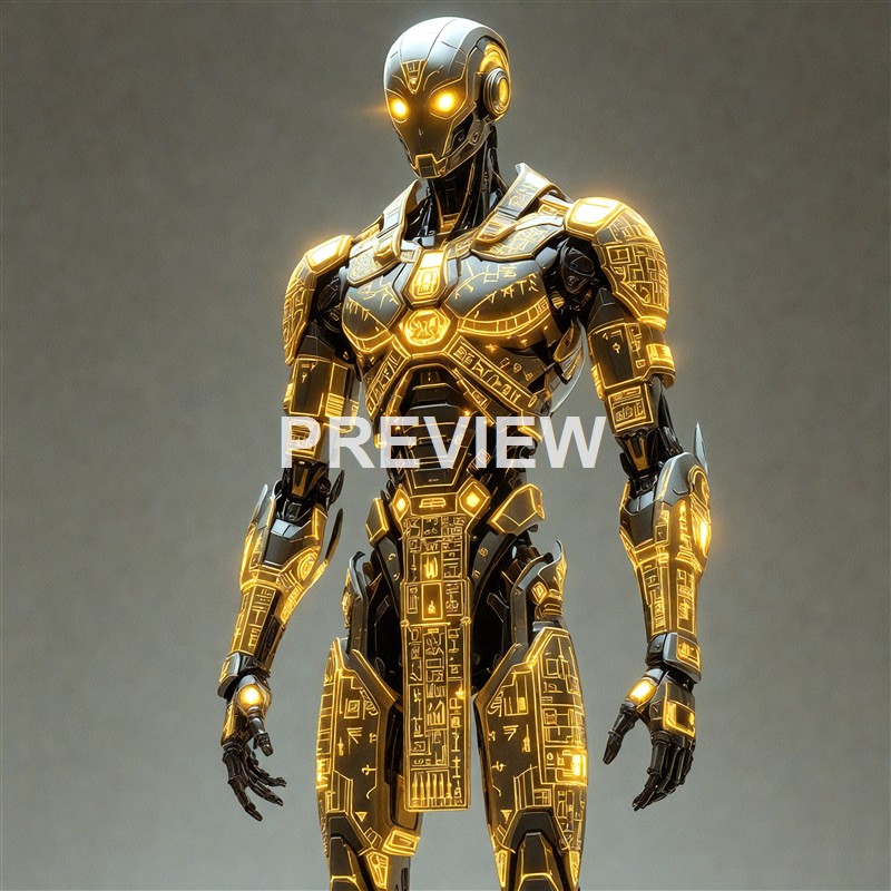 A highly detailed humanoid robot with a sleek black and gold design, glowing yellow eyes, and intricate illuminated patterns on its body, standing against a plain background.
